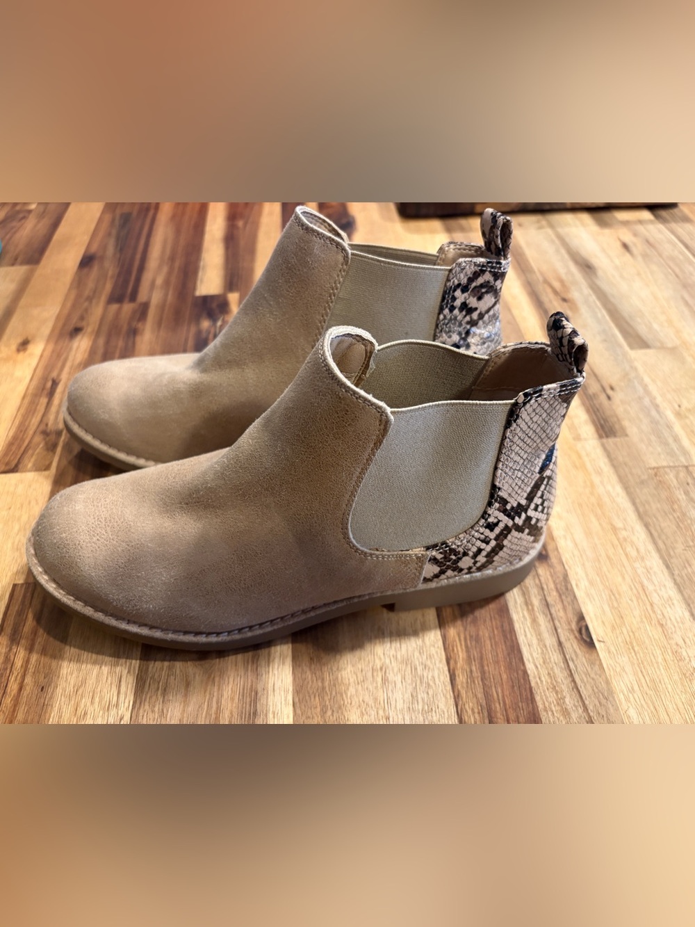 Seven Dials Taupe Suede Chelsea Booties with Snake-Print Heel.. Size 9